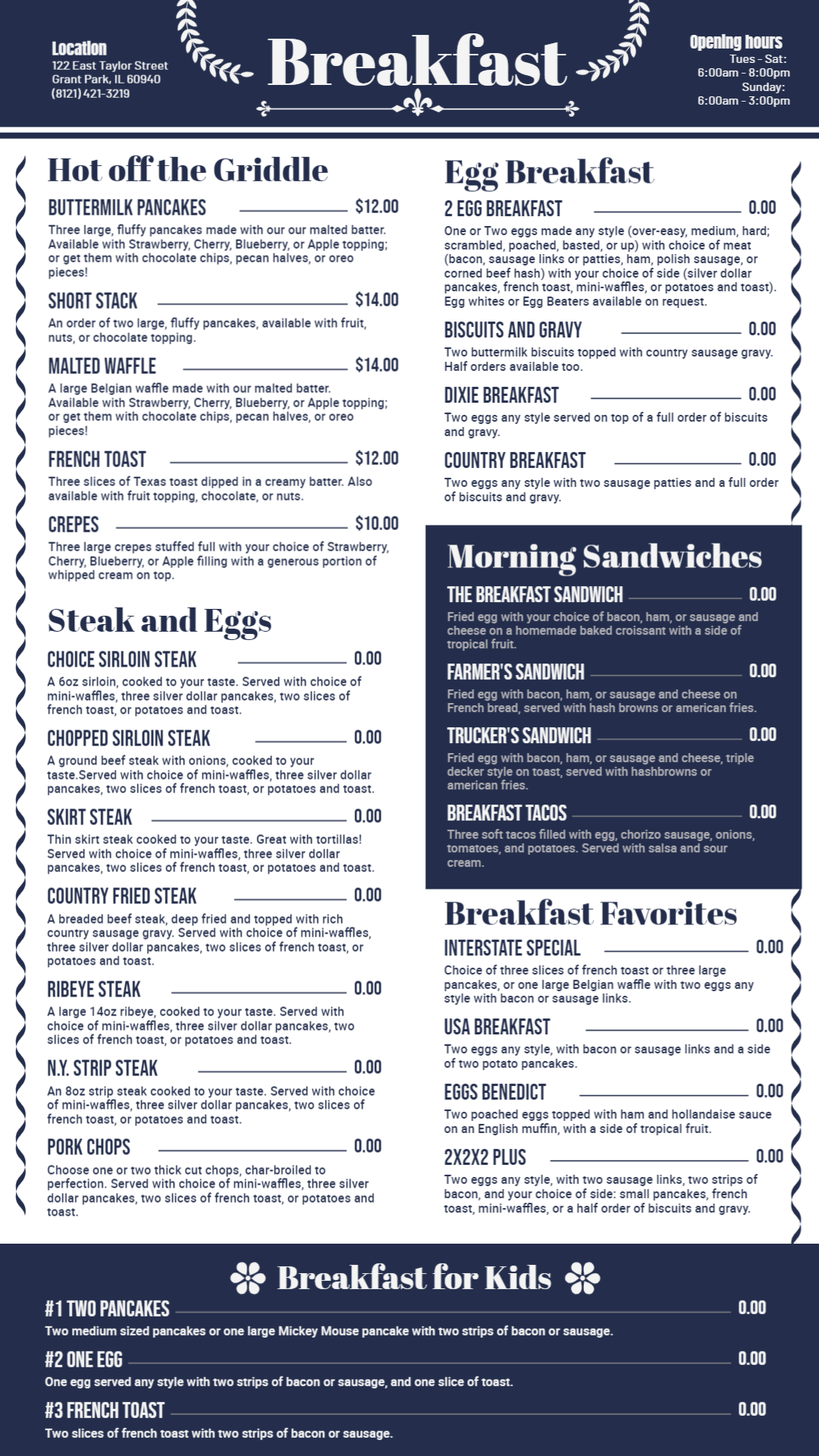 Breakfast menu Breakfast menu