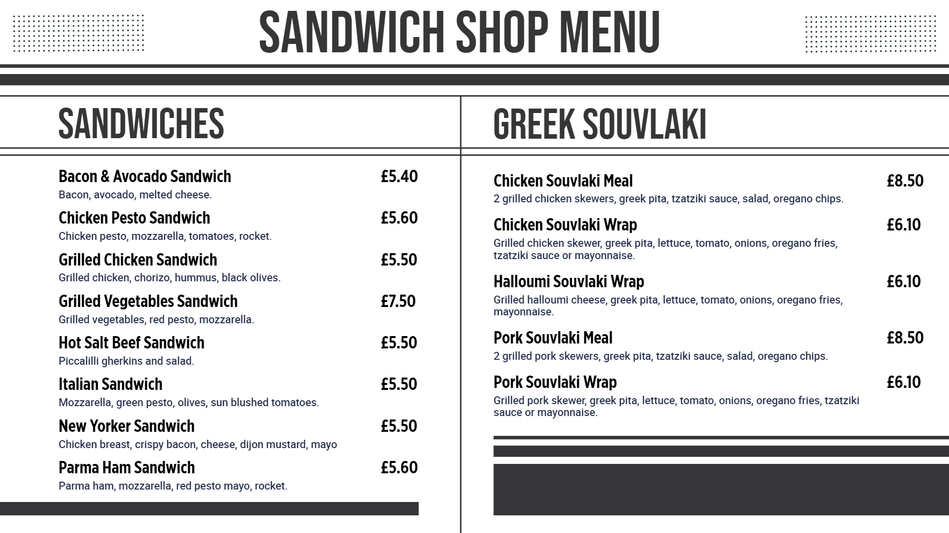 Sandwiches Digital menu template Sandwiches Digital menu template