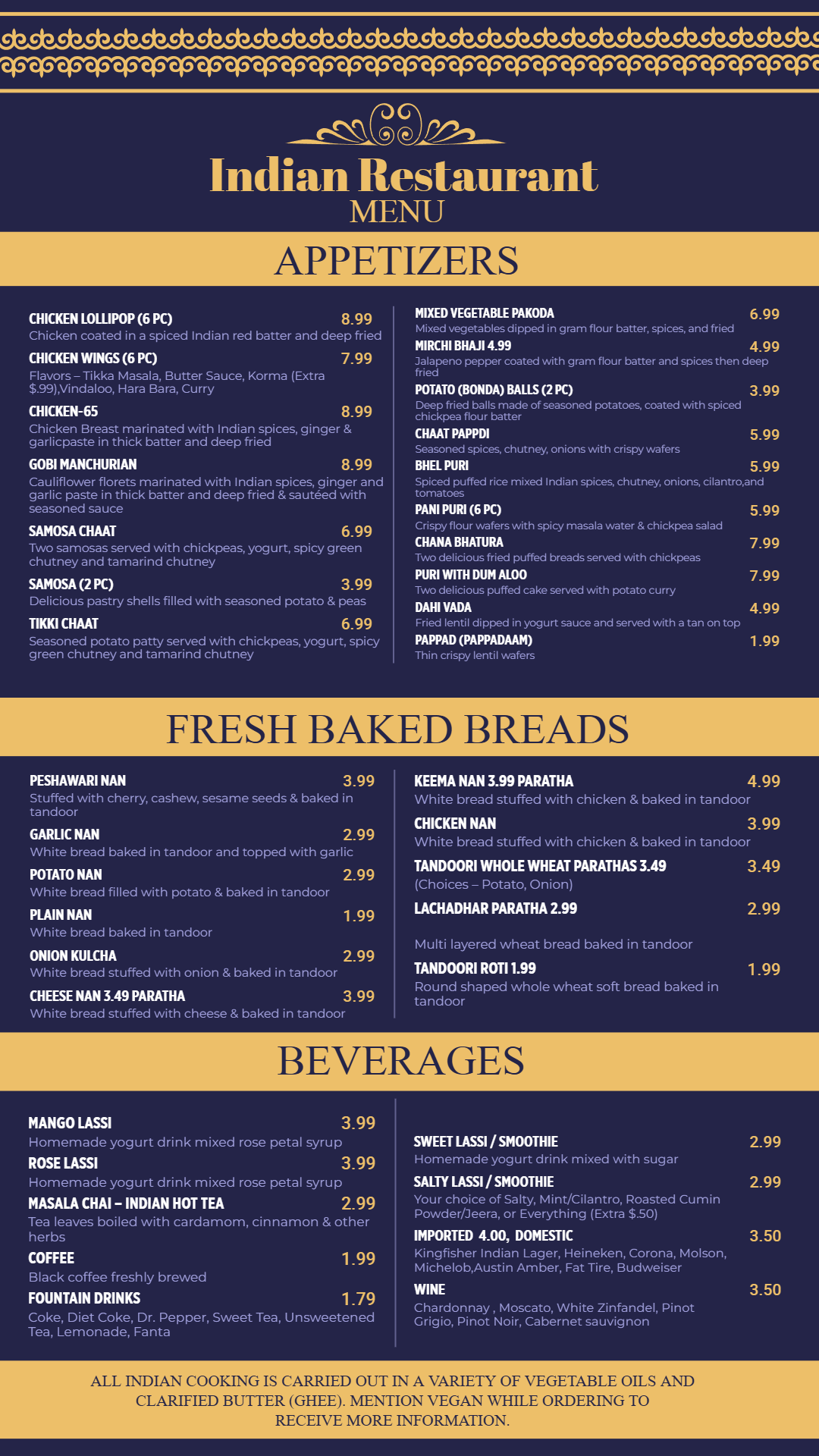 Indian Food Menu Indian Food Menu