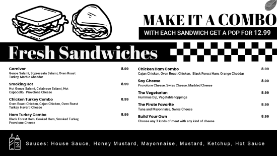Simple black & white sandwich digital menu design