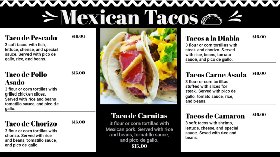 Simple Mexican Tacos Digital Menu 
