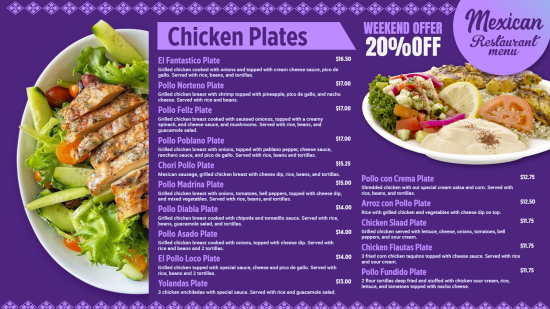 Mexican Digital Chicken Plates Menu