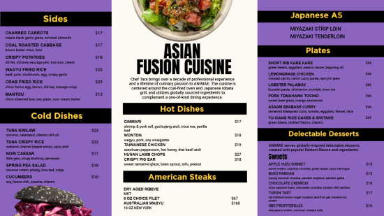Asian food dinner menu
