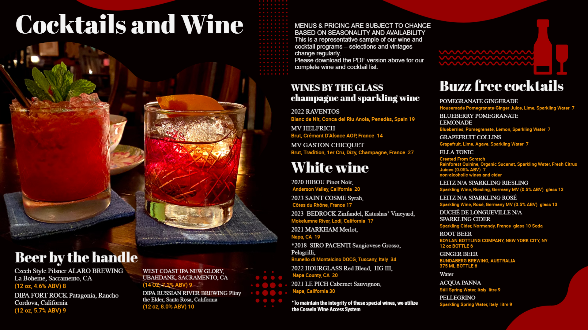 Cocktails and Wine menu