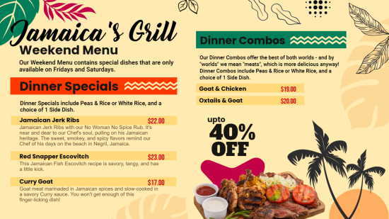 Jamaica's weekend dinner menu