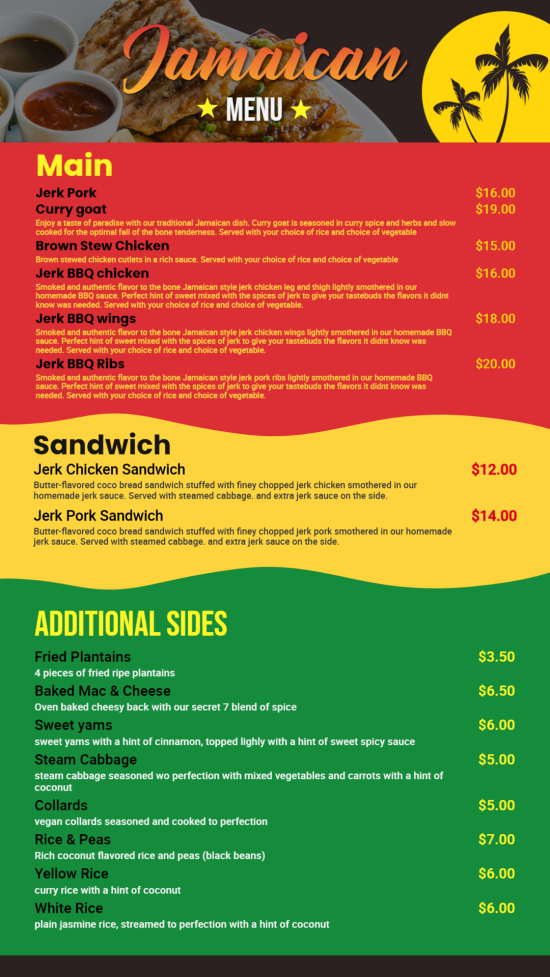 Custom Jamaican menu