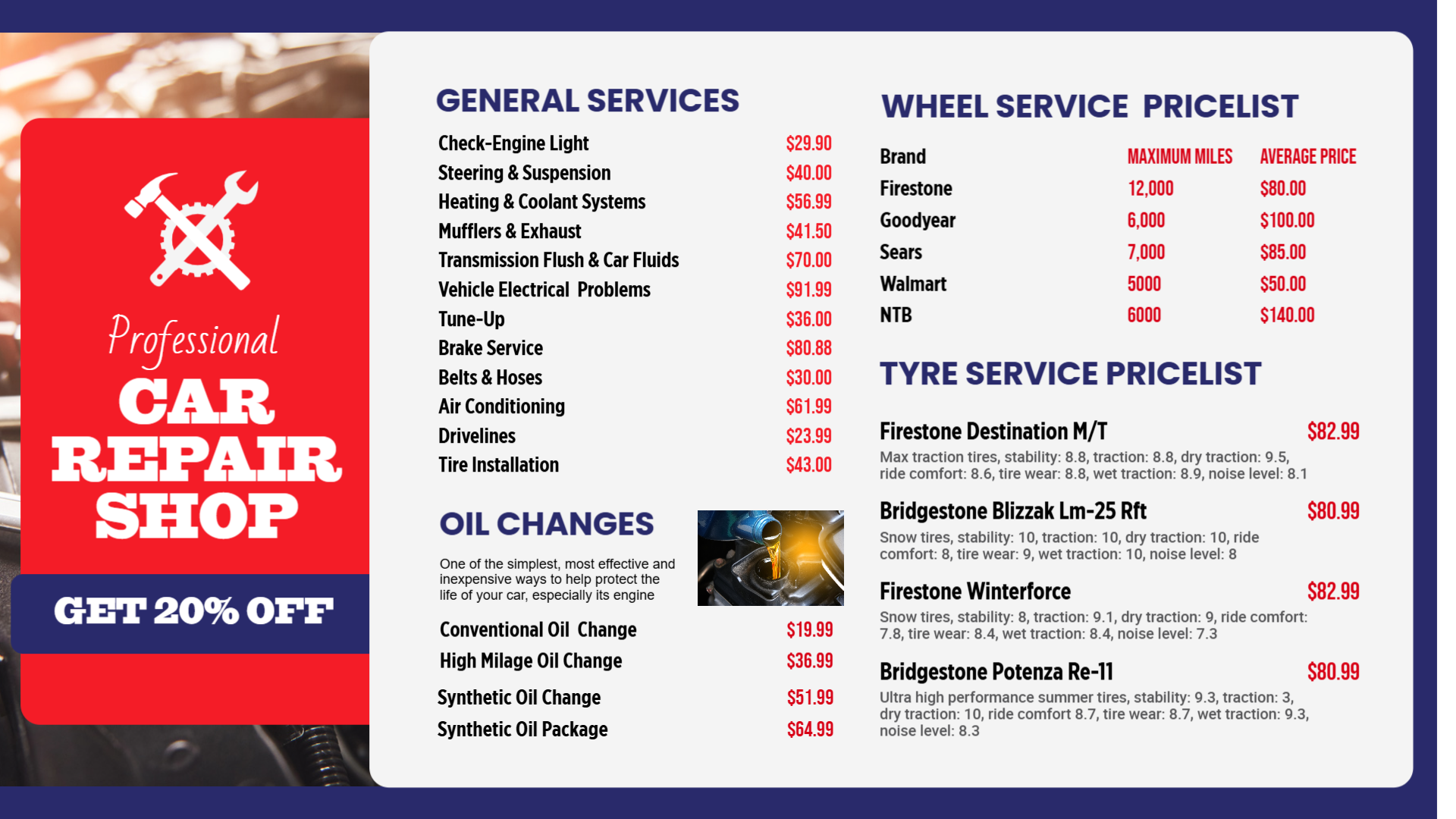 Garage services or car service menu