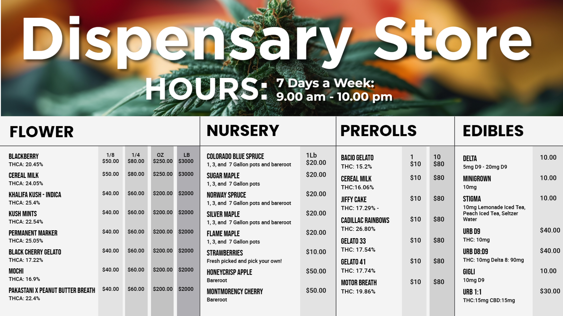 Dispensary signage menu