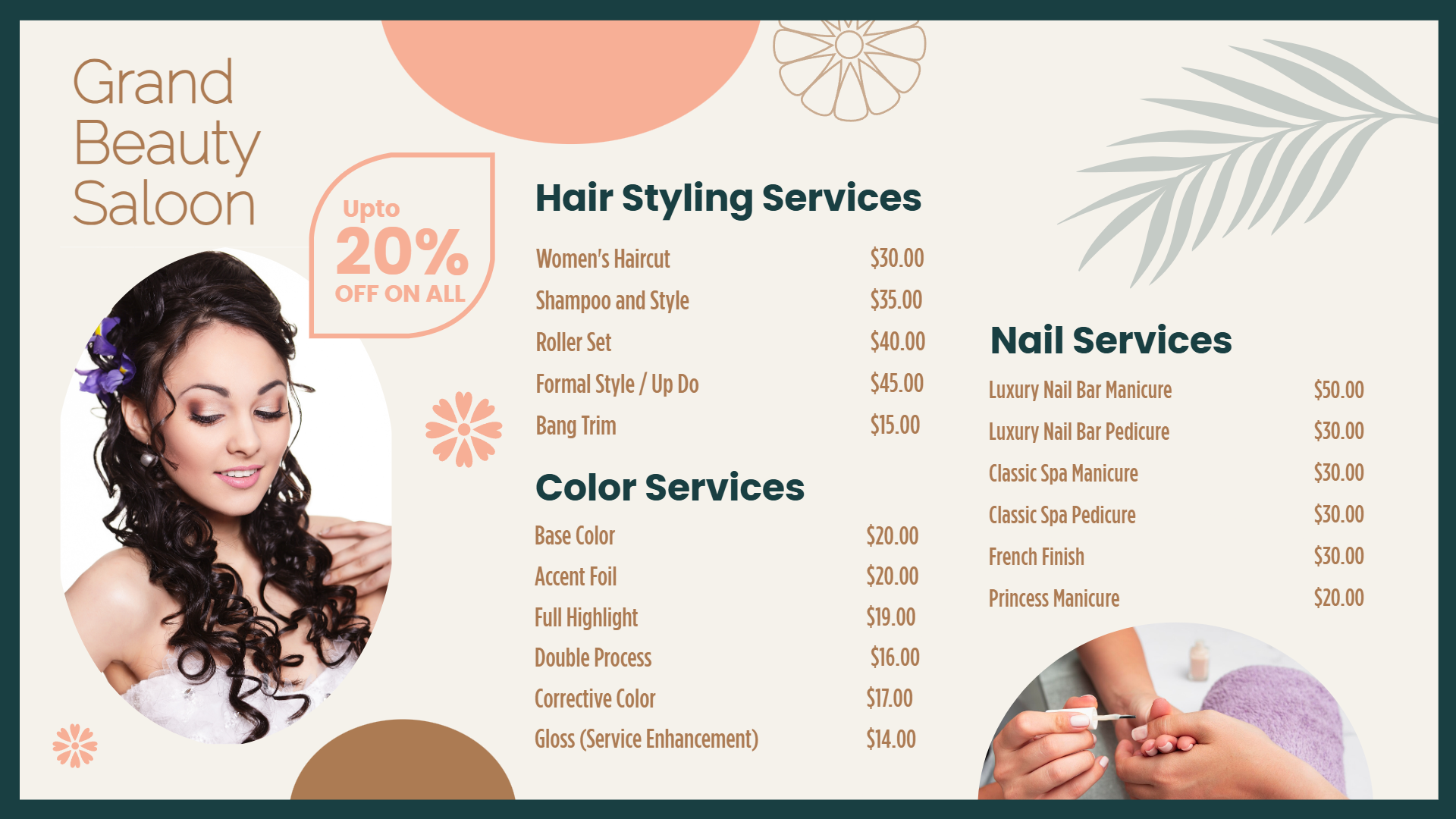 Beauty care menu