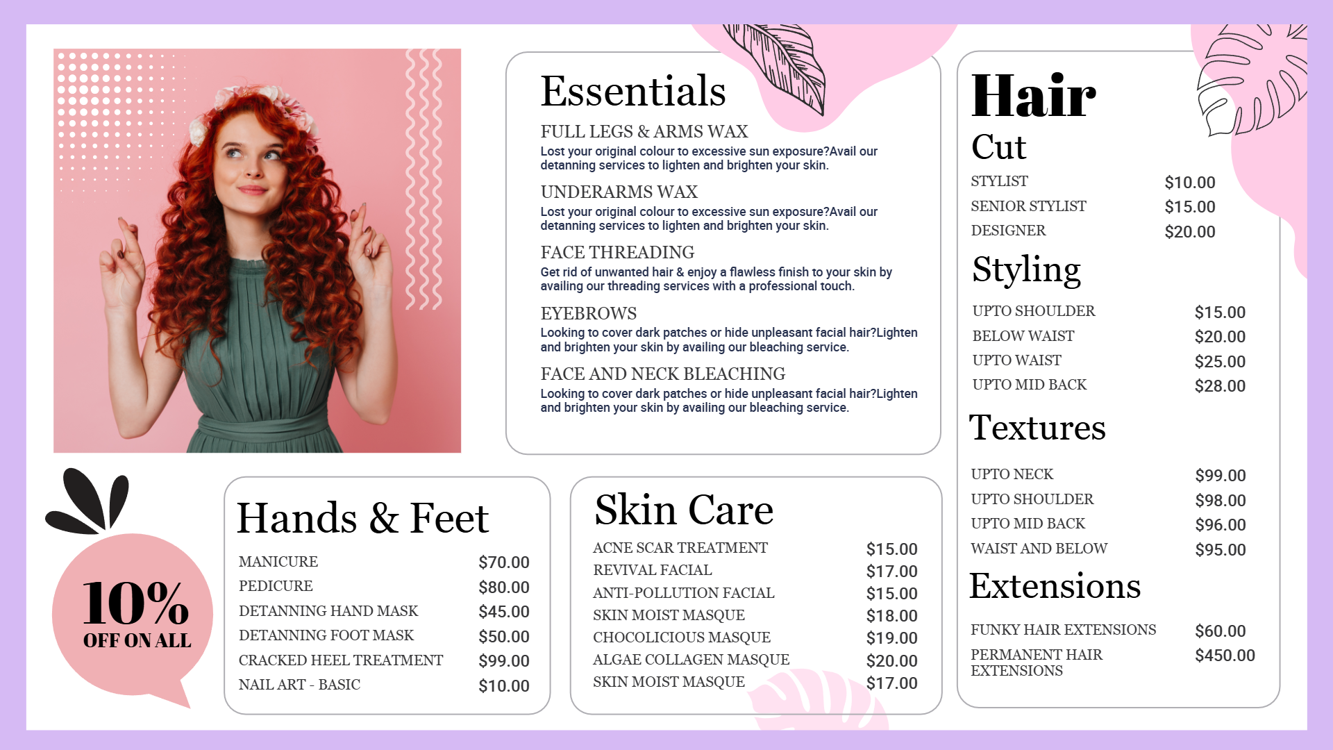 Beauty salon menu