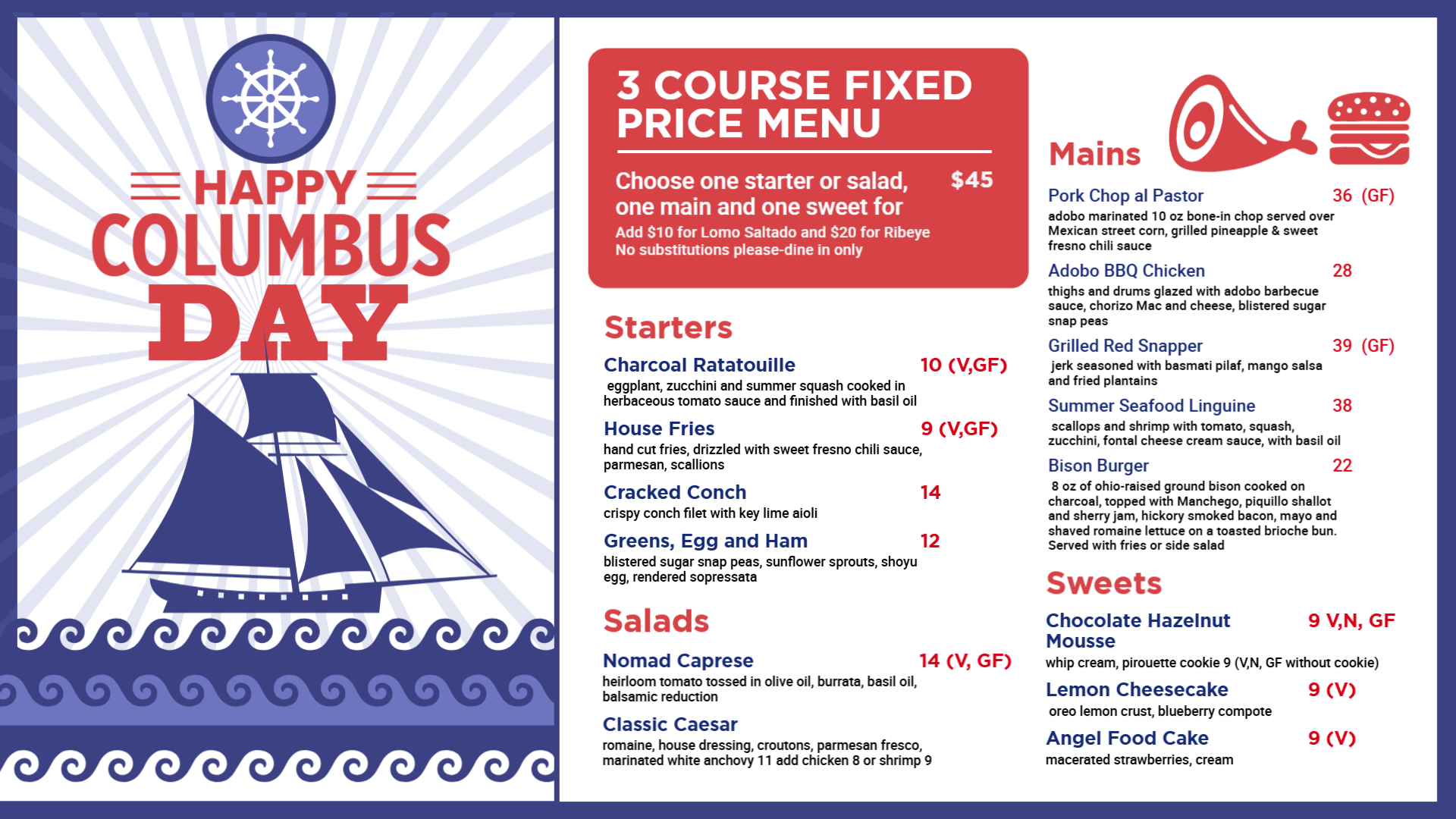Custom Columbus day digital menu