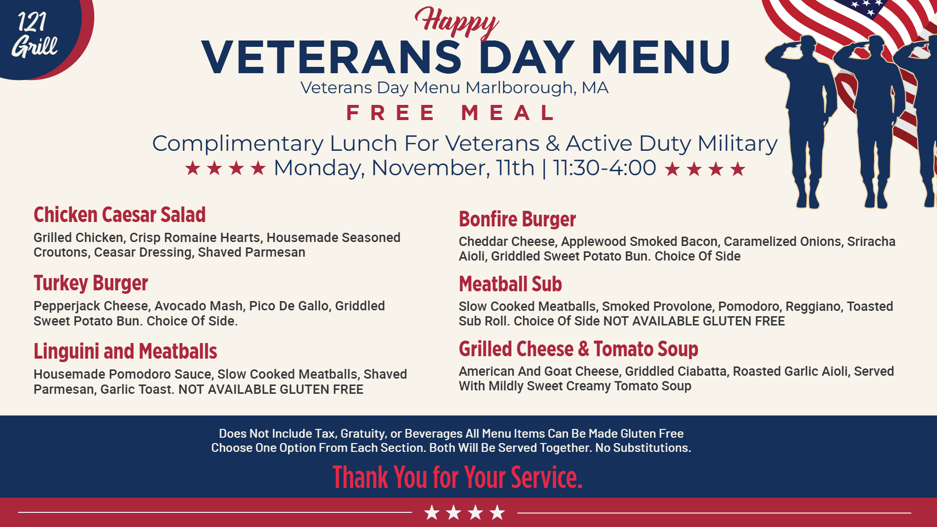Happy Veterans Day Menu