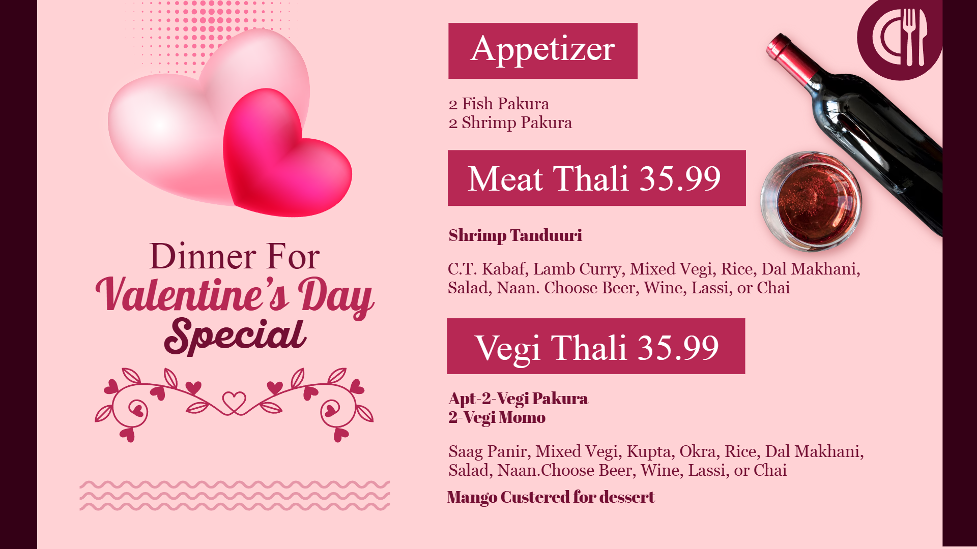 Dinner menu Valentine's Day special