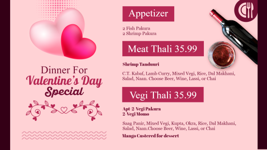 Dinner menu Valentine's Day special