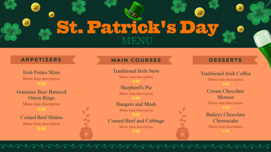 St. Patrick's Day menu