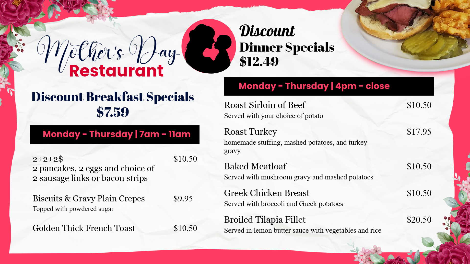 Mothers Day Breakfast menu with digital information display