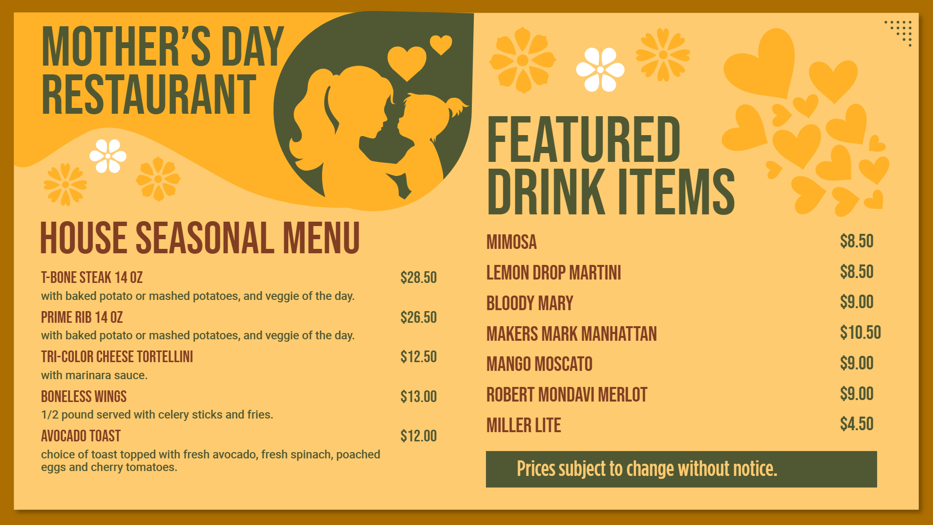 Mother's Day menu with digital signage 4k display