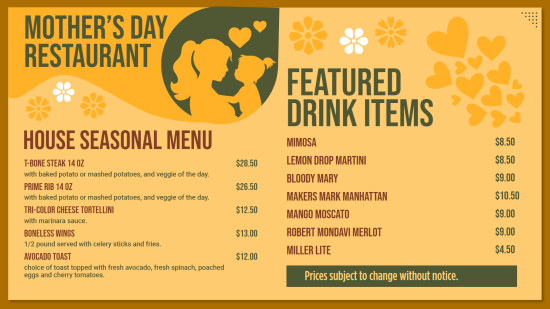 Mother's Day menu with digital signage 4k display