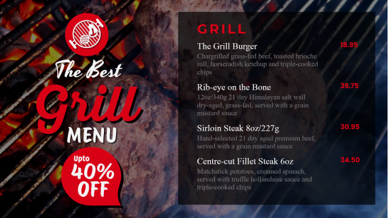 Grill Menu for digital signage and displays