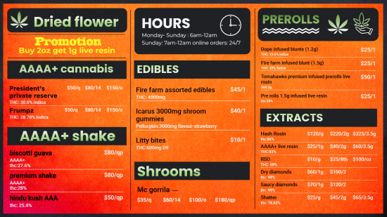 Dispensary menu signage board