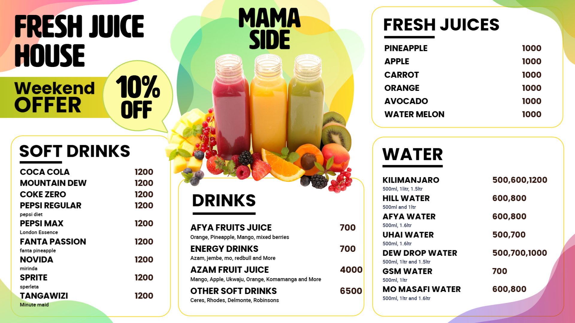 Digital menu design for Fresh Juice menu
