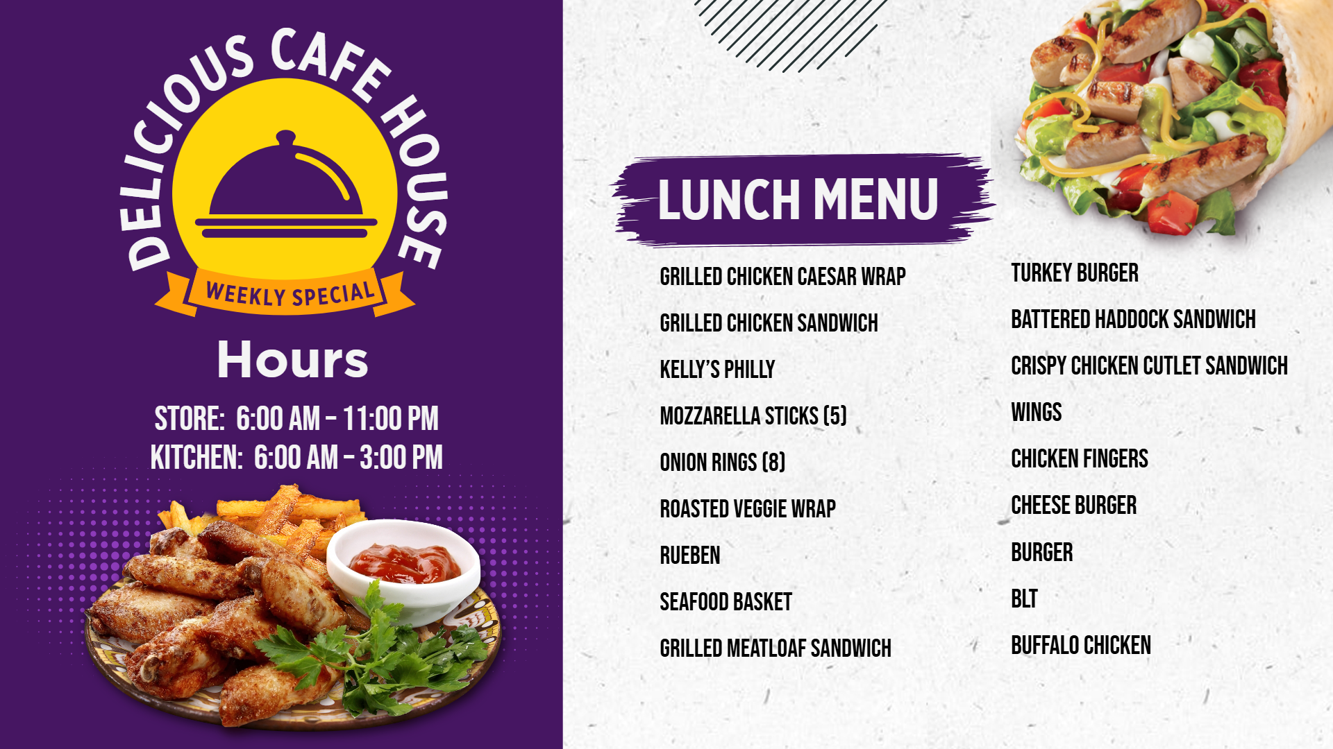 Restaurant menu screens for Lunch