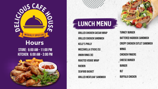 Restaurant menu screens for Lunch