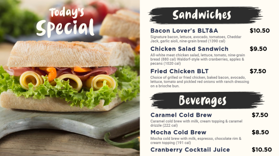 Sandwich menu digital display screen digital menu board